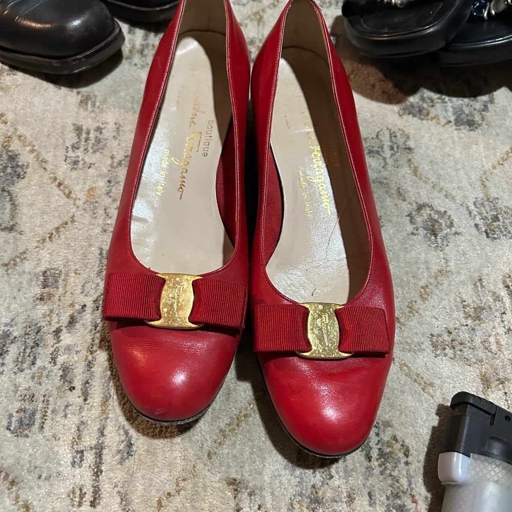 Red Leather Women's Shoes with Gold Accent